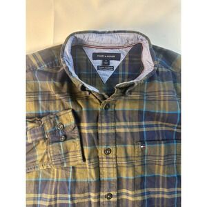 Tommy Hilfiger Men Medium Classic Fit Stretch Green Blue Plaid Button Down Shirt